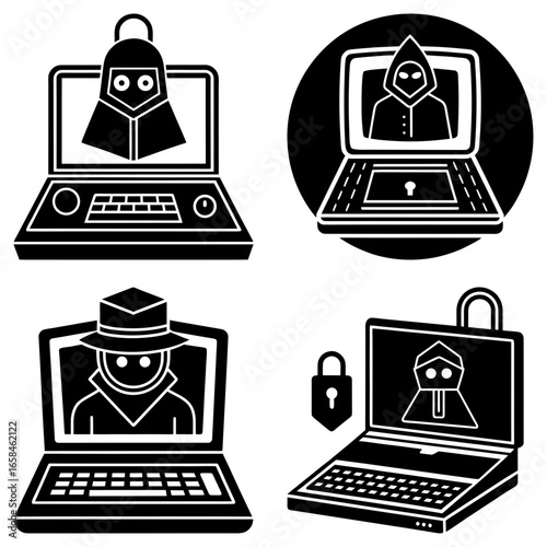 Four laptops displaying hackers and security icons representing cyber security threats and protections