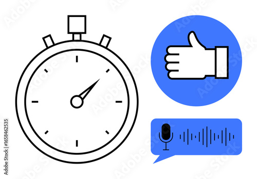 Stopwatch displays time, thumbs-up icon expresses approval, and sound wave bubble represents voice input. Ideal for time management, productivity, feedback, decision-making, communication, approval