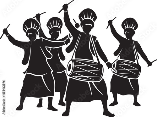 Silhouette of men playing dhol drums in a procession