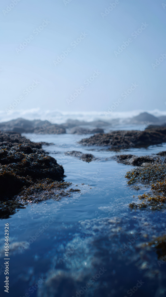 Obraz premium Tide pools glimmering beneath foggy sky create serene coastal scene