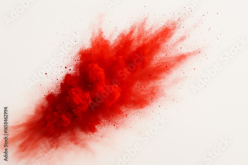 Vibrant red powder explosion against a clean white background, perfect for dynamic design projects, adding explosive energy and visual impact