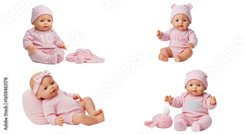 Baby dolls in pink outfits with accessories on white background  