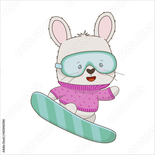 Adorable bunny wearing goggles and pink sweater enjoys snowboarding in this charming vector illustration. Perfect for children s designs featuring winter sports and playful animals.
