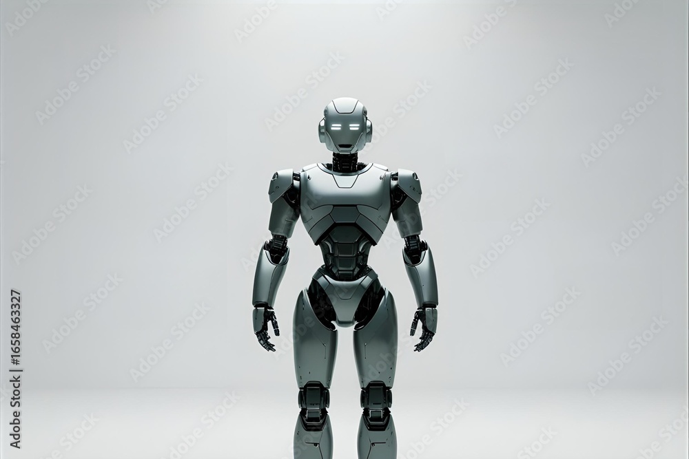 Fototapeta premium A futuristic robot standing alone, minimalistic design, white empty background, high detail, front view.