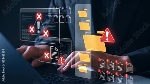 Wallpaper Mural Hands interacting with a computer screen displaying numerous error messages and warnings for files and folders Torontodigital.ca