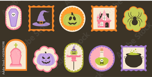 Halloween vintage sticker set. Spooky post stamp collection. Retro Halloween vector designs. Autumn holiday illustrations. Hand drawn Halloween elements for print.