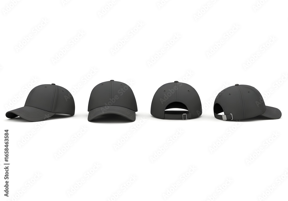 Fototapeta premium Four Views of a Blank Black Baseball Cap Mockup for Branding