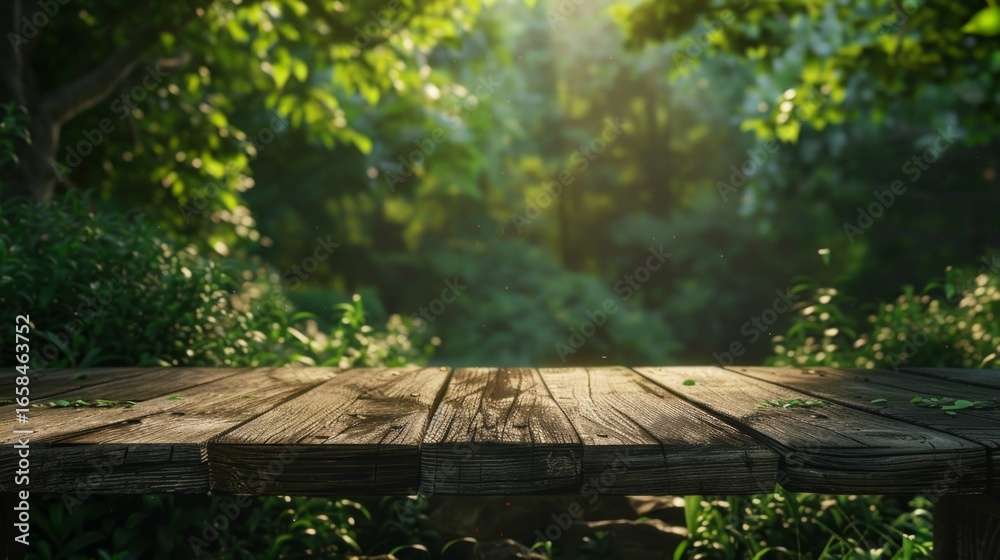 Fototapeta premium wooden table in a lush forest