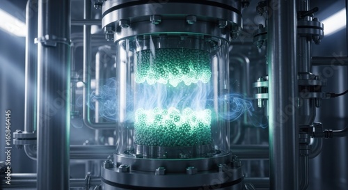 Highresolution image of catalysts inside carbonneutral ammonia synthesis reactor skid illustrating clean chemical reactions with low environmental impact.