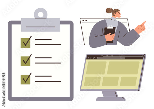Businesswoman pointing as she reviews website design on desktop monitor, alongside a checklist for tasks. Ideal for project planning, task management, web design, workflow, organization