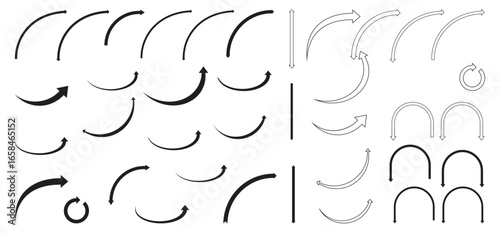 Collection of curved arrows and abstract arc shapes in vector style. Perfect for infographics, presentations, flowcharts, navigation guides, and modern graphic design projects