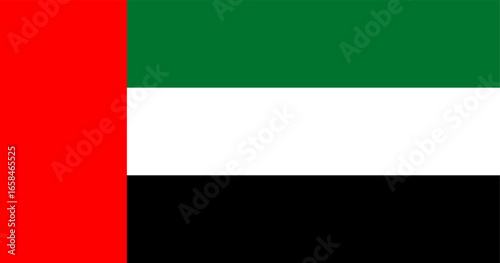 Vector graphic of the United Arab Emirates (UAE) flag. Comprised of a red vertical section and green white and black horizontal elements. These are the Pan Arab colours.