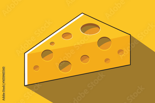 Simple triangle of cheese with holes isolated on a yellow background and long shadow