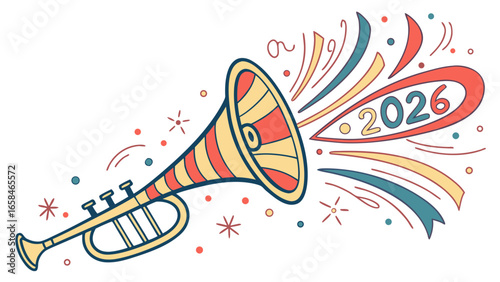 Celebratory trumpet blast announcing the arrival of the year 2026 with festive streamers
