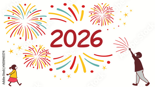 Children celebrating the new year 2026 with colorful fireworks and sparklers on white background