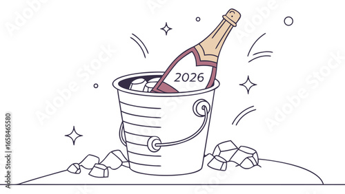 Champagne bottle with 2026 label chilling in an ice bucket ready for celebration