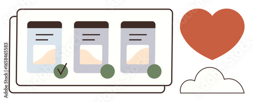 Three columns with selected and unselected marks, a red heart, and a white cloud. Ideal for planning, organization, priorities, decision-making, motivation compassion teamwork. Minimalistic flat