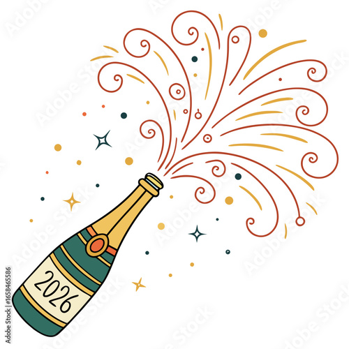 Champagne bottle with celebratory swirls and stars erupting for the year 2026
