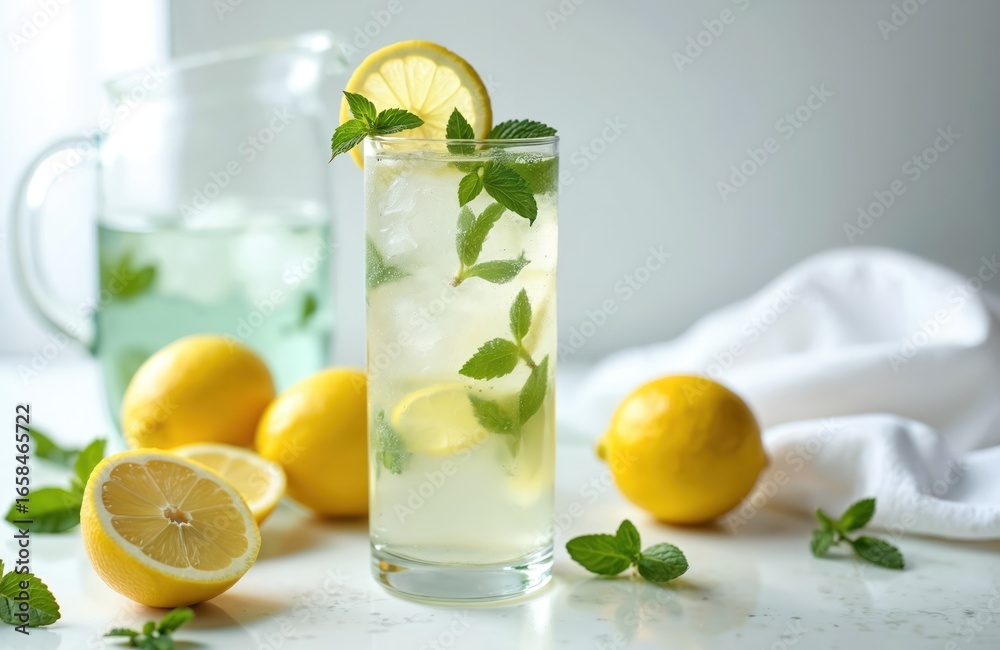 Fototapeta premium Refreshing iced lemon mint water drink presented in tall glass with ice, lemon slices, fresh mint leaves. Whole lemons, pitcher of beverage visible on clean kitchen counter, suggesting healthy,