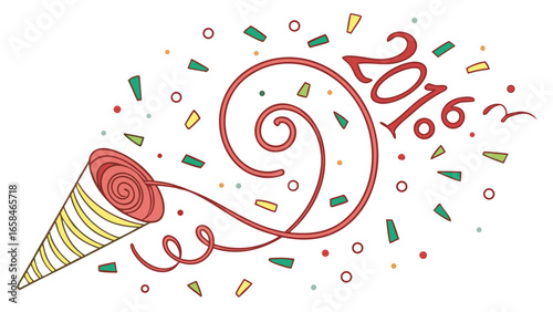 Festive party popper exploding with colorful confetti and streamers forming the year 2016 celebration