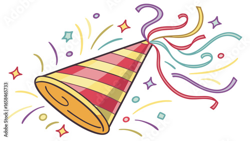 Festive party hat exploding with colorful streamers confetti and stars celebrating a special occasion