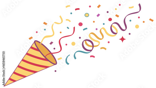 Festive party popper exploding with colorful confetti and streamers on a white background