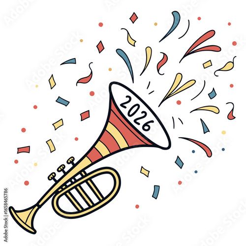 Festive trumpet blasts colorful confetti into the air celebrating the arrival of the year 2026