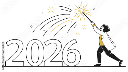 Person celebrating the arrival of the year 2026 with a sparkling firework wand