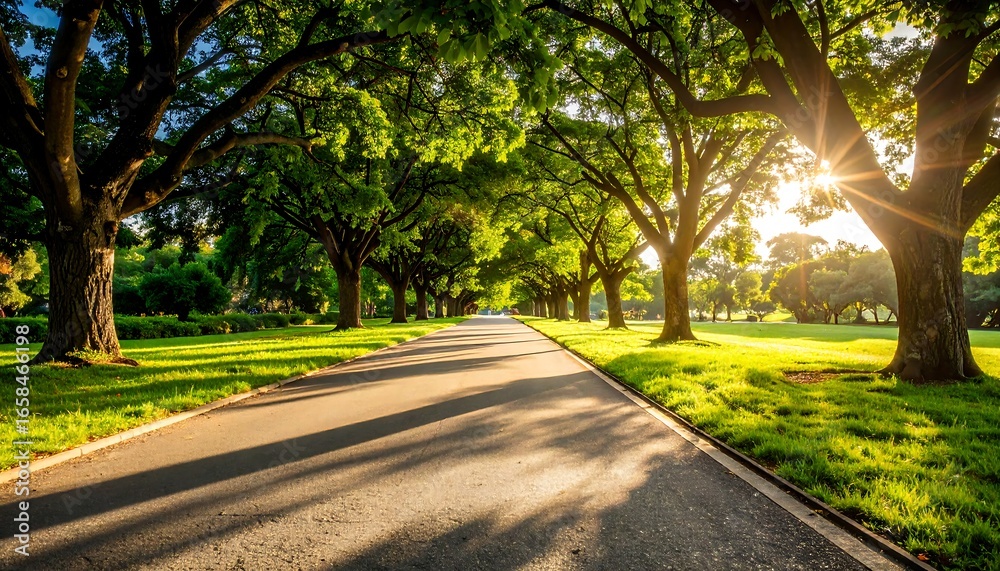 Obraz premium Sunny park road lined with trees