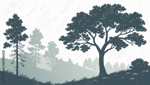 Silhouetted trees on a misty hillside under a gentle rain shower