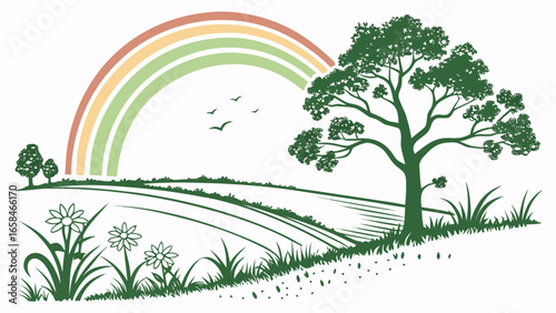 Stylized green landscape with a large tree rolling hills flowers birds and a pastel rainbow