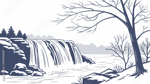 Stylized illustration of a cascading waterfall with bare trees and rocky terrain in a serene landscape