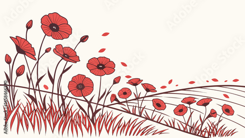 Stylized red poppies and grass with falling petals against a light background