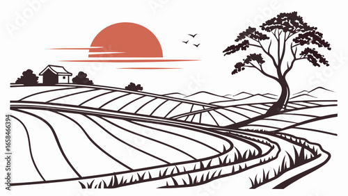 Stylized rural landscape with rolling fields a solitary tree a small house and a setting sun