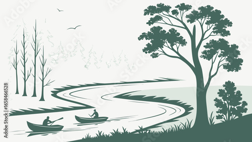 Two people paddle canoes down a winding river surrounded by trees and birds in a stylized landscape