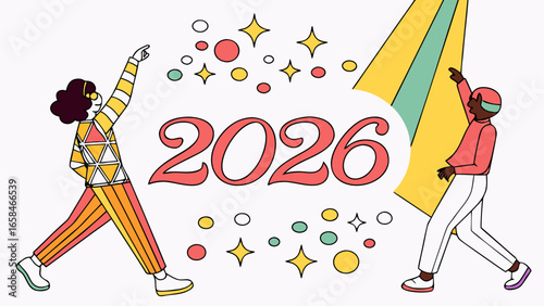 Two stylized people celebrating the arrival of the year 2026 with colorful confetti and bright starbursts