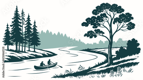 Two people paddling a canoe down a winding river surrounded by evergreen trees and lush foliage
