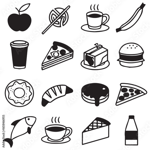 Collection of hand drawn doodle icons representing various food and drink items for healthy eating and unhealthy choices
