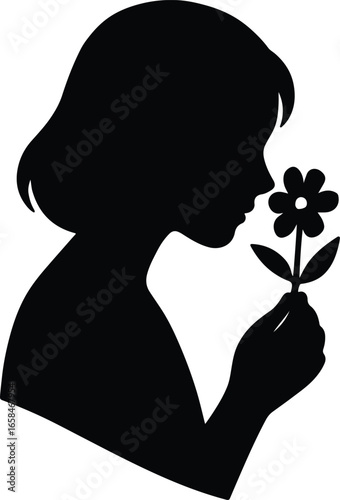 Vector Girl smelling flower silhouette minimal illustration Illustrator