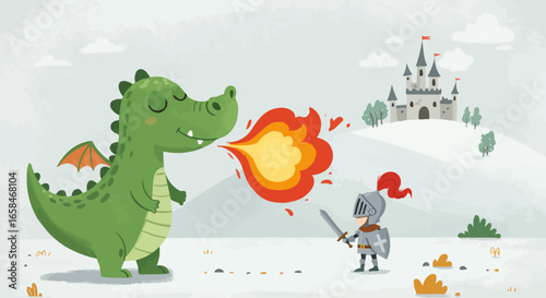 A Friendly Green Dragon Breathes Fire Towards a Brave Knight Standing in Front of a Majestic Castle on a Hilltop Under a Cloudy Sky