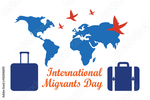 International Migrants Day Vector - Passports and Suitcases Turning into Birds Flying Across Continents.