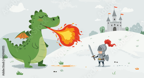 A Brave Little Knight Faces a Friendly Dragon Breathing a Gentle Flame in Front of a Majestic Castle on a Snowy Hilltop