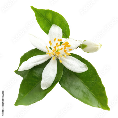 Delicate orange blossom with green leaves and bud, floral beauty