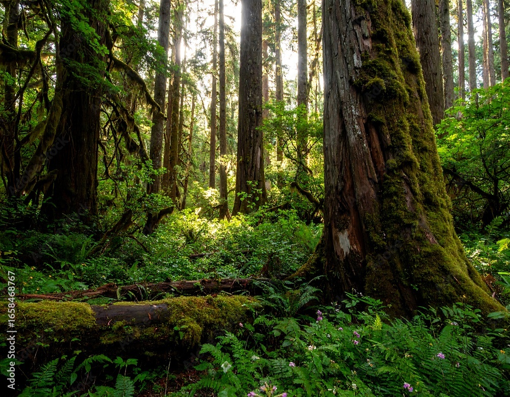 Obraz premium Sunlight filters through lush forest canopy, illuminating moss-covered trees
