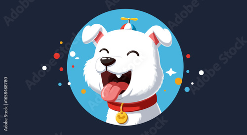 A Delightful Cartoon Illustration of a Joyful White Dog Wearing a Red Collar and a Propeller on its Head Expressing Pure Happiness with an Open Mouth and Visible Tongue