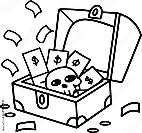 Treasure chest filled with money and skull, symbolizing risk and danger in financial gain and hidden wealth