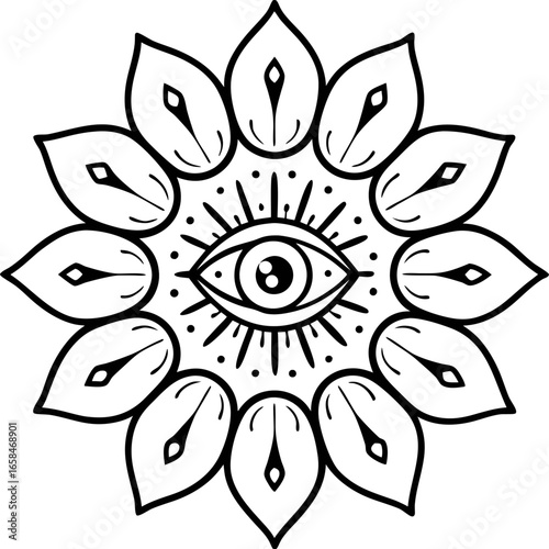 Mystical third eye lotus mandala icon spiritual symbol, mindfulness meditation, awakening and enlightenment, black line art