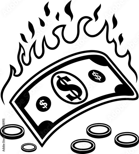 Burning dollar bill and coins symbolize inflation and currency devaluation, financial crisis, economic loss, money meltdown
