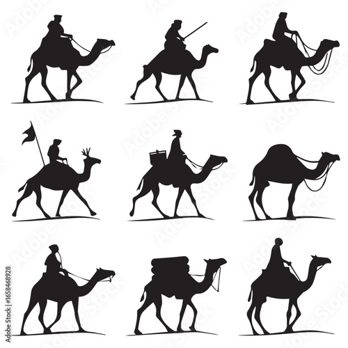 Collection of nine black silhouette illustrations of people riding camels in various poses and styles against a white background