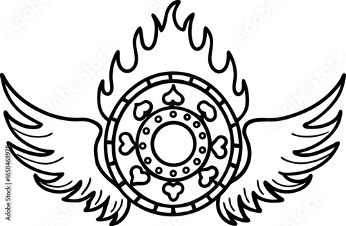 Flaming casino poker chip with decorative wings and suits gambling motif, line art, luck, adventure, fantasy game symbol